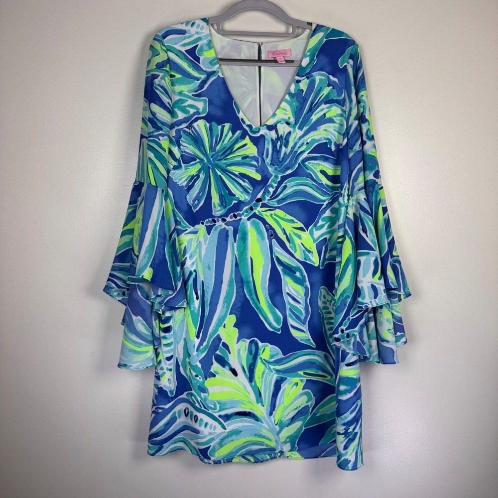 Lilly Pulitzer Shift Dress Ruffle Sleeve V-Neck Blue Green Floral Vibrant Size 4